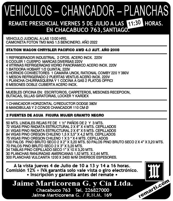 REMATE PRESENCIAL VIERNES 5 DE JULIO